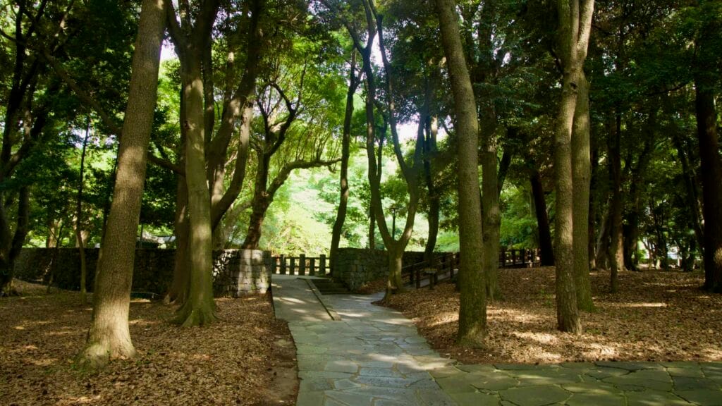 Paved walkways wind through dense trees toward the inner enclosure.