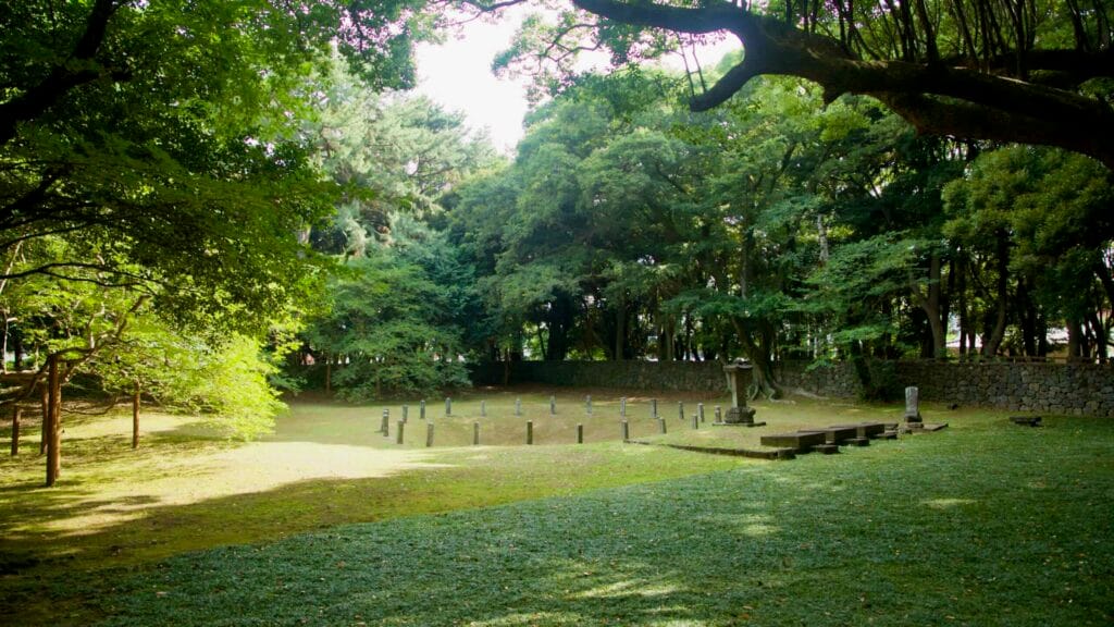 A wide view shows the marker ring and stele beneath spreading branches at Samseonghyeol.
