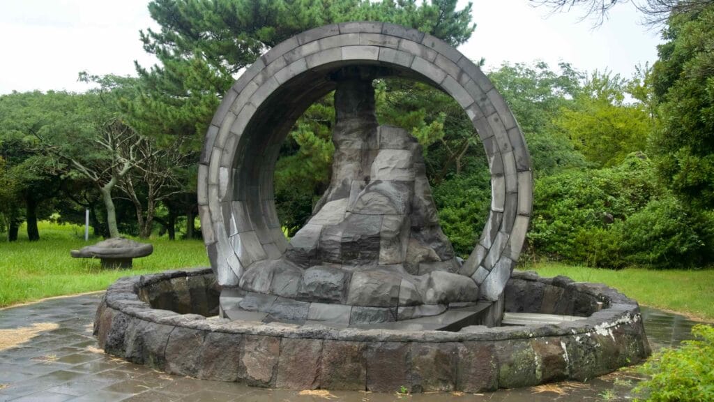 Circular basalt sculpture in the park near the Manjanggul Lava Tube visitor area.