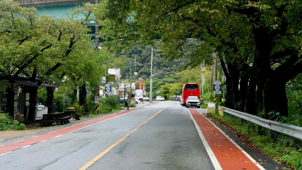 A tree-lined village road with red bike lanes runs beneath a high overpass.