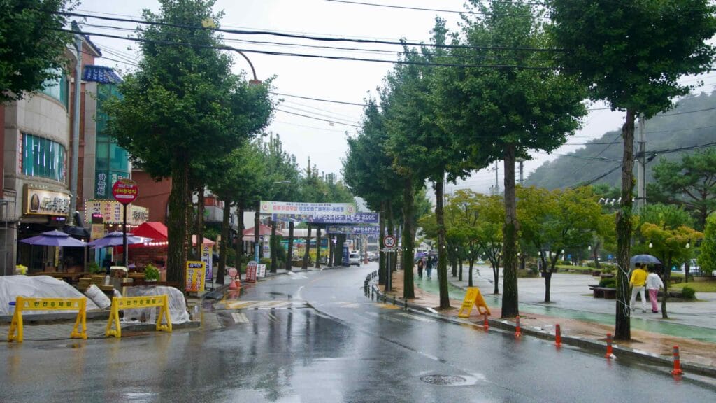Market stalls and umbrellas crowd a rainy street near Mungyeong Saejae Provincial Park.