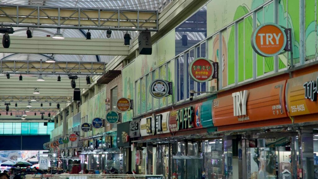 Shop signs, speakers, and the arched translucent roof panels hang above Chuncheon Jungang Market.