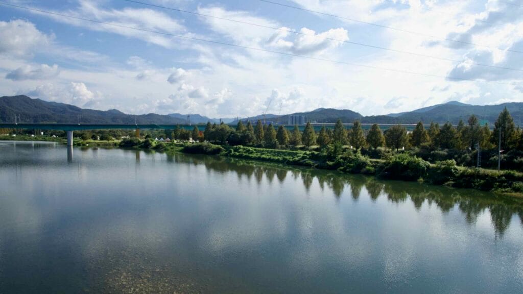 Riverside trees cast soft reflections in the calm Bukhangang near Kyunggang Bridge.