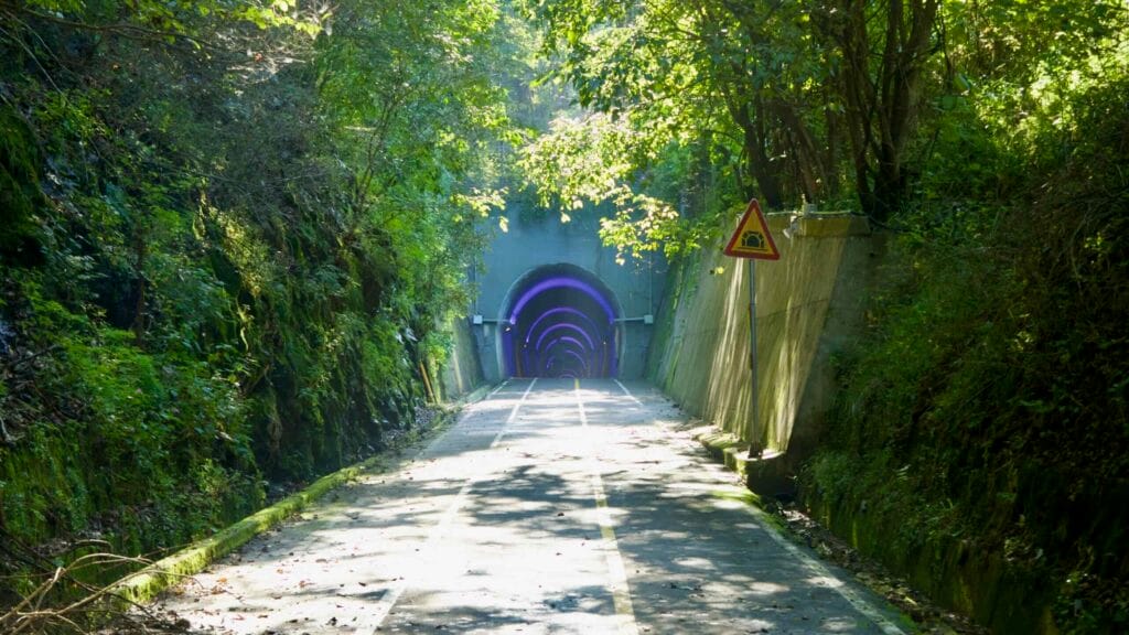 The approach to Saekhyeon Tunnel on the Bukhangang Bike Path passes into purple-lit rings under a forested slope.