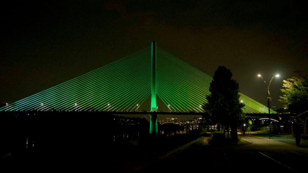The central pylon of Guri-Amsa Bridge is illuminated green over the Han River.