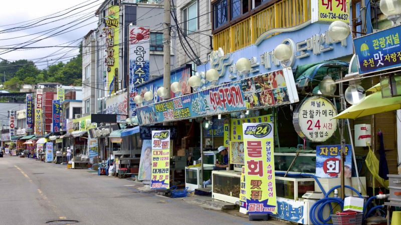 A picture of “Snow Crab Street” (영덕대게로) in Ganggu Port, Yeongdeok County, South Korea.