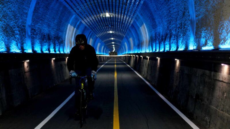 A rider in the Gigok Art Tunnel (기곡아트터널) on the Hangang Bike Path.