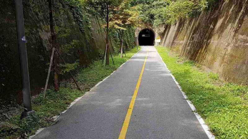 The entrance to an old railroad tunnel converted into a cycling tunnel along the Hangang Bicycle Path in Yangpyeong, South Korea.