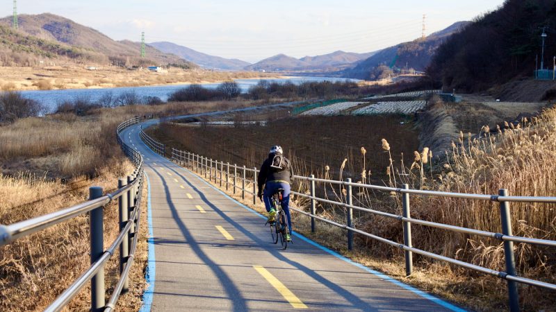 A picture of the Hangang Bike Path (한강자전거길) near South Han River Bridge in Chungju City, South Korea.