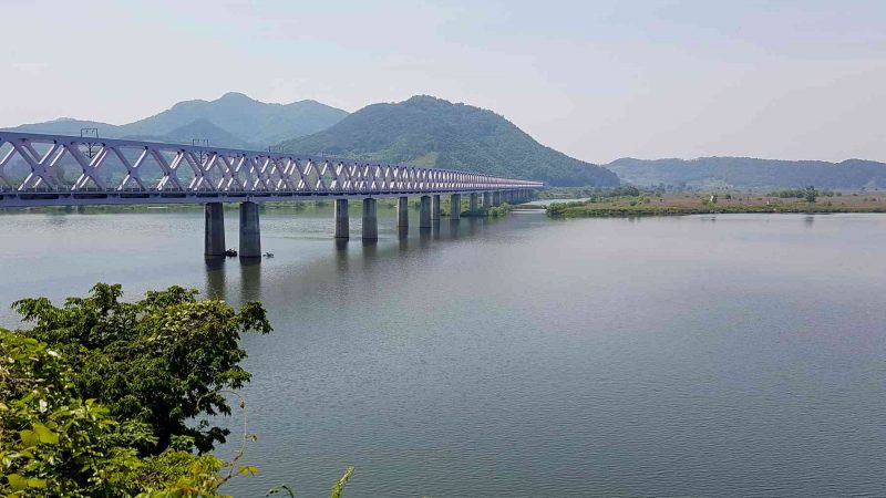 Train trestles hop across the Nakdong River near Yangsan.