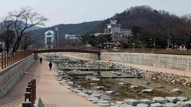 A picture of a road and stream leading to Geumosan Provincial Park (금오산도립공원) in Gumi City, South Korea.
