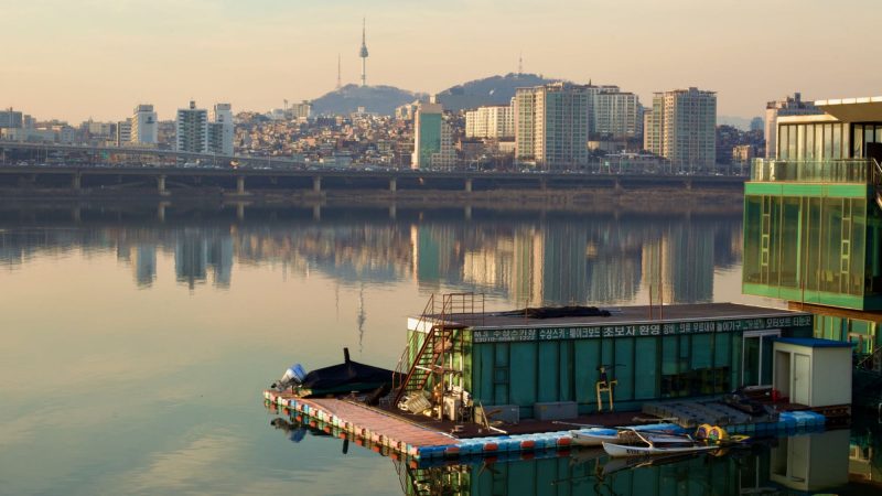 A view of Namsan Tower and a riverside dock in Jamwon Hangang Park in Seoul