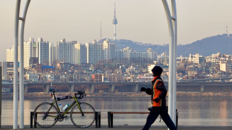 A bike sits in Hangang Park in Seoul. Namsan tower stands in the background.